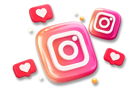 Iconos 3D de Instagram con burbujas de notificación de corazón, invitando a seguir la cuenta oficial de AltamediQ para actualizaciones de productos.