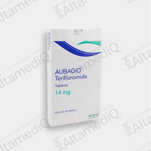 Caja de medicamento neurológico de alta especialidad Aubagio Teriflunomida 14 mg con 28 tabletas Genzyme. Farmacia de Alta Especialidad AltamediQ.