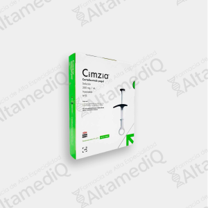 Caja de medicamento biológico de alta especialidad Cimzia Certolizumab Pegol 200 mg / mL solución inyectable con dos jeringas prellenadas UCB de México. Farmacia de Alta Especialidad AltamediQ.