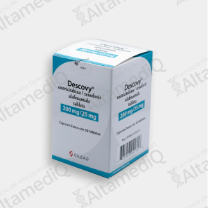 Caja y frasco de medicamento antirretroviral de alta especialidad Descovy Emtricitabina Tenofovir Alafenamida 200 mg / 25 mg con 30 tabletas Stendhal. Farmacia de Alta Especialidad AltamediQ.
