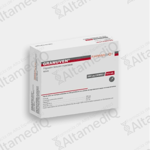 Caja de medicamento hematológico de alta especialidad Granuven Filgrastim 300 mcg solución inyectable con cinco jeringas prellenadas Farmabiot. Farmacia de Alta Especialidad AltamediQ.