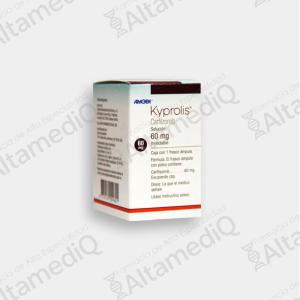 Caja de medicamento hematoncológico de alta especialidad Kyprolis Carfilzomib 60 mg solución inyectable liofilizada con un frasco ámpula Amgen. Farmacia de Alta Especialidad AltamediQ.