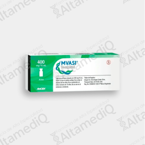 Caja de medicamento biológico oncológico de alta especialidad Mvasi Bevacizumab 400 mg / 16 mL solución inyectable con un frasco ámpula Amgen. Farmacia de Alta Especialidad AltamediQ.