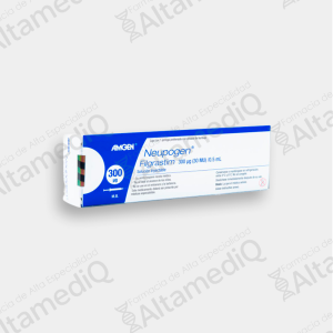 Caja de medicamento hematológico de alta especialidad Neupogen Filgrastim 300 mcg solución inyectable con una jeringa prellenada Amgen. Farmacia de Alta Especialidad AltamediQ.