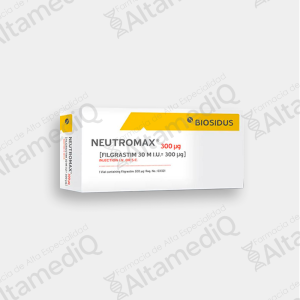 Caja de medicamento hematológico de alta especialidad Neutromax Filgrastim 300 mcg solución inyectable con cinco frascos ámpula Biosidus. Farmacia de Alta Especialidad AltamediQ.