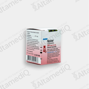 Caja de medicamento hematológico de alta especialidad Nplate Romiplostim 250 mcg solución inyectable liofilizada con un frasco ámpula Amgen. Farmacia de Alta Especialidad AltamediQ.