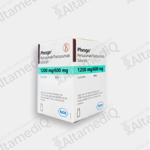 Caja de medicamento biológico oncológico de alta especialidad Phesgo Pertuzumab Trastuzumab 1200 mg / 600 mg solución inyectable subcutánea dosis de inicio con un frasco ámpula Roche. Farmacia de Alta Especialidad AltamediQ.