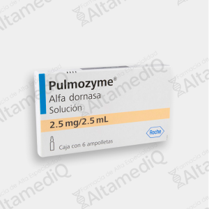 Caja de medicamento biológico respiratorio de alta especialidad Pulmozyme Alfa-dornasa 2.5 mg / 2.5 mL solución para nebulizar con seis ampolletas Roche. Farmacia de Alta Especialidad AltamediQ.