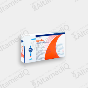 Caja de medicamento biológico cardiovascular de alta especialidad Repatha Evolocumab 140 mg / mL solución inyectable con una pluma precargada Amgen. Farmacia de Alta Especialidad AltamediQ.