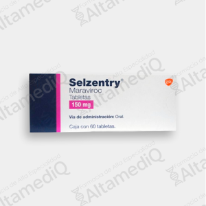 Caja y frasco de medicamento antirretroviral de alta especialidad Selzentry Maraviroc 150 mg con 60 tabletas GlaxoSmithKline. Farmacia de Alta Especialidad AltamediQ.