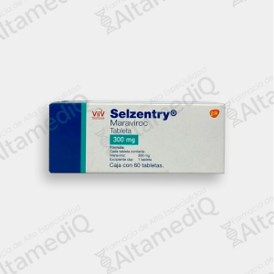 Caja y frasco de medicamento antirretroviral de alta especialidad Selzentry Maraviroc 300 mg con 60 tabletas GlaxoSmithKline. Farmacia de Alta Especialidad AltamediQ.