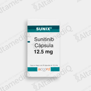 Caja y frasco de medicamento oncológico de alta especialidad Sunix Sunitinib 12.5 mg con 28 cápsulas Accord. Farmacia de Alta Especialidad AltamediQ.
