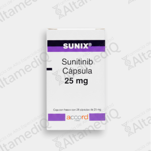 Caja y frasco de medicamento oncológico de alta especialidad Sunix Sunitinib 25 mg con 28 cápsulas Accord. Farmacia de Alta Especialidad AltamediQ.