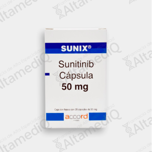 Caja y frasco de medicamento oncológico de alta especialidad Sunix Sunitinib 50 mg con 28 cápsulas Accord. Farmacia de Alta Especialidad AltamediQ.