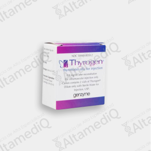 Caja de medicamento endocrinológico de alta especialidad Thyrogen Tirotropina Alfa 1.1 mg solución inyectable con dos frascos ámpula Genzyme Sanofi. Farmacia de Alta Especialidad AltamediQ.