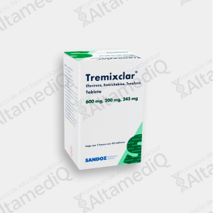 Caja y frasco de medicamento antirretroviral de alta especialidad Tremixclar Efavirenz Emtricitabina Tenofovir Disoproxil Fumarato con 30 tabletas Sandoz. Farmacia de Alta Especialidad AltamediQ.