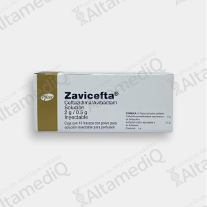 Caja de medicamento antibiótico de alta especialidad Zavicefta Ceftazidima Avibactam 2 g / 0.5 g solución inyectable con diez frascos ámpula Pfizer. Farmacia de Alta Especialidad AltamediQ.