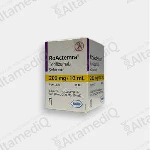 Caja de Roactemra 200 mg / 10 mL con un frasco ámpula de Tocilizumab del laboratorio Roche en AltamediQ, farmacia de alta especialidad.