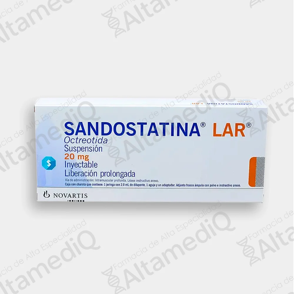 Caja de Sandostatina LAR 20 mg inyectable de liberación prolongada con Octreotida del laboratorio Novartis en AltamediQ, farmacia de alta especialidad.