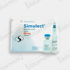 Caja de Simulect 20 mg inyectable con 2 frascos ámpula de Basiliximab del laboratorio Novartis en AltamediQ, farmacia de alta especialidad.