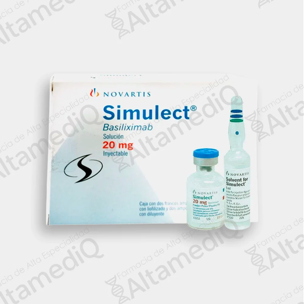 Caja de Simulect 20 mg inyectable con 2 frascos ámpula de Basiliximab del laboratorio Novartis en AltamediQ, farmacia de alta especialidad.